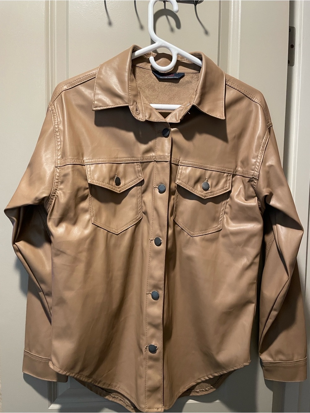 Tan Faux Leather Button-Front Jacket